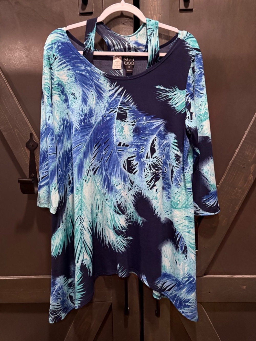 CLARA SUNWOO Navy and Aqua Palm Tree Print Tunic Stretchy Soft